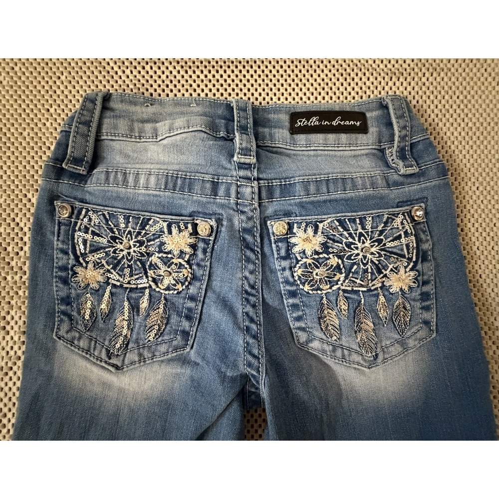Stella In Dreams Jeans Sz 0 Mid Rise Boot Cut Bootcut Embroidered Thick Stitch